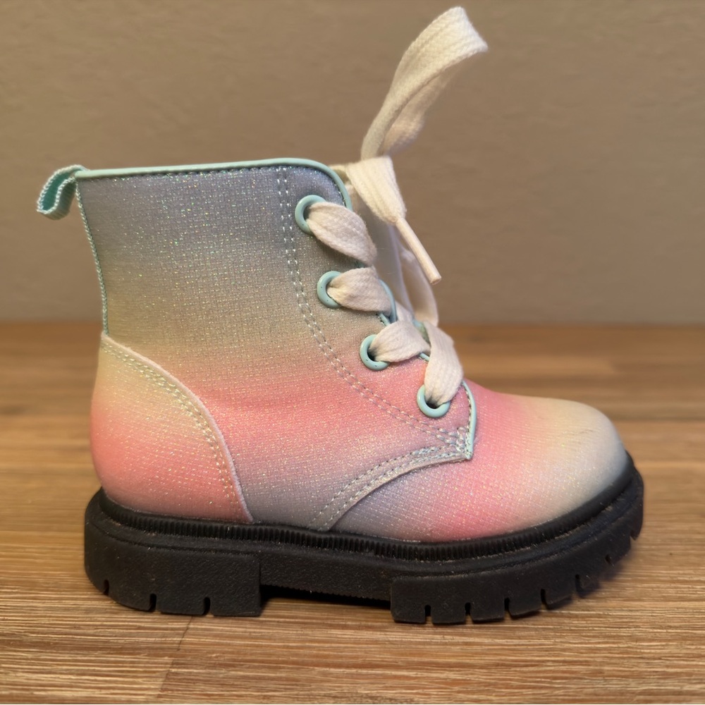 Cat & Jack Combat Boots Amaya Toddler Girls Sz 7 Rainbow Glitter Lace Up - Picture 4 of 12